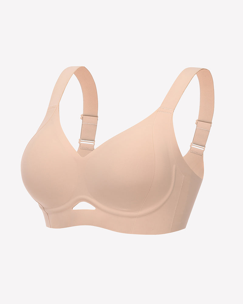 Beige wireless push-up bralette, seamless design, offering support and comfort. Hollow design.