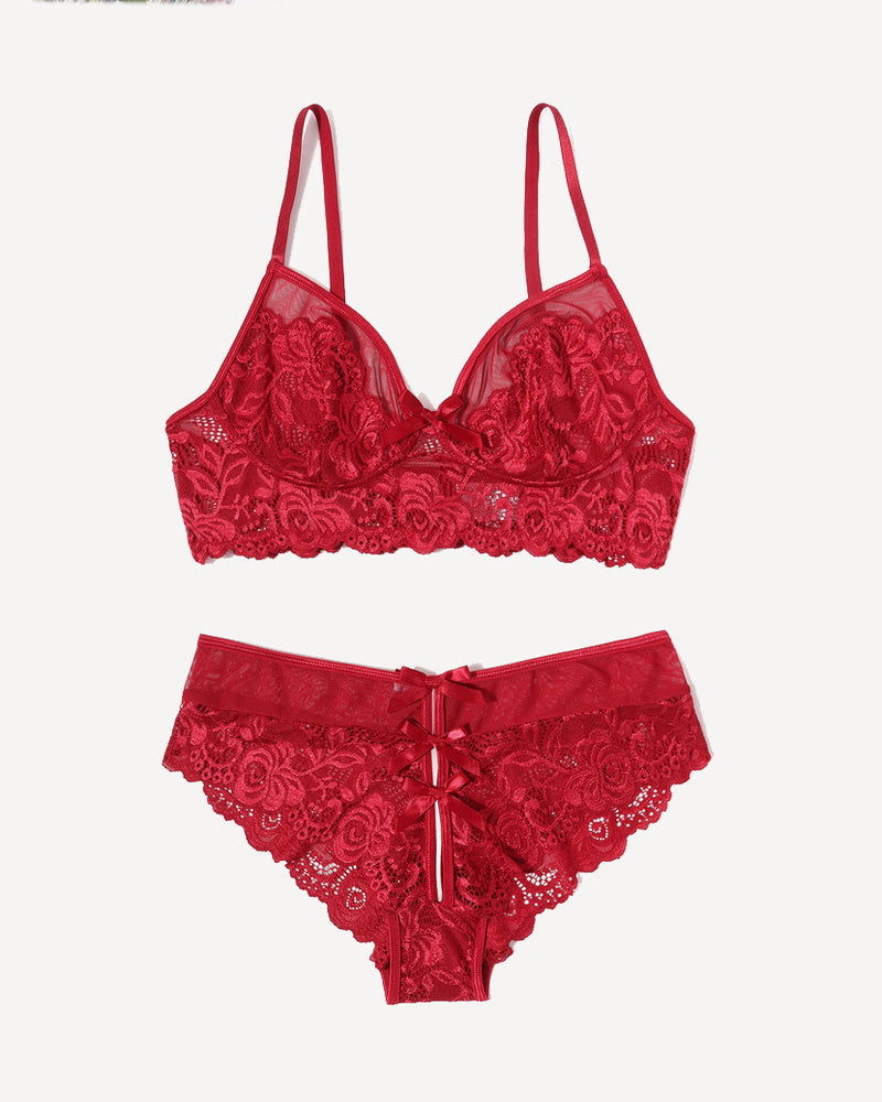 Red lace bra and panty set with bow detail for women. Avidlove sexy lingerie outfit.
