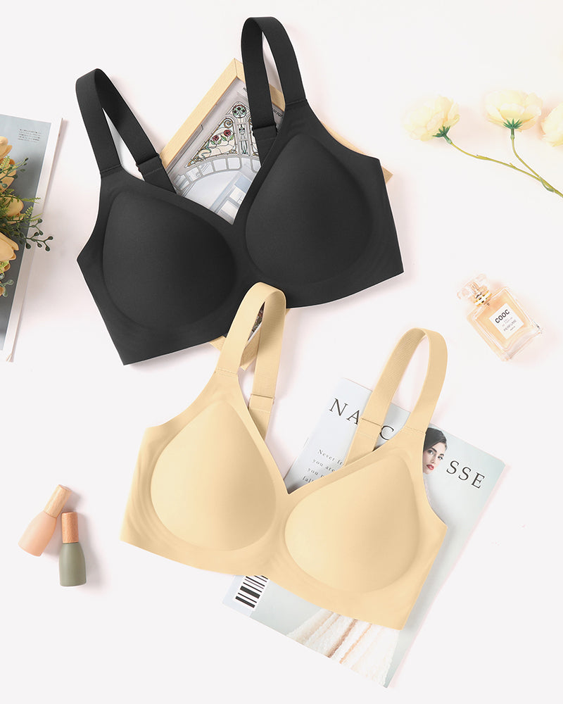 Black and beige seamless push-up wireless bras. Full coverage, comfortable support.