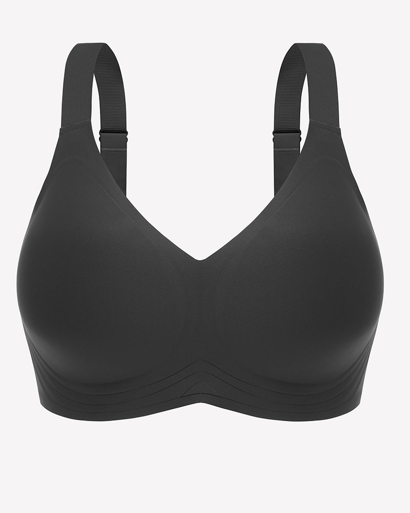 Black seamless push-up wireless bra, full coverage, comfortable support, wide straps