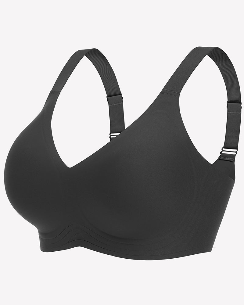 Black seamless push-up wireless bra with wide straps, full coverage, and comfortable support