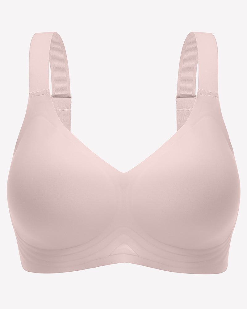 Seamless push-up wireless bra in light pink, full coverage, wide straps for comfort and support