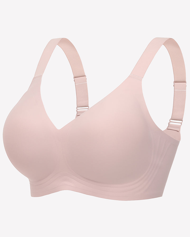 Light pink seamless push-up wireless bra with wide straps, full coverage, and comfortable support