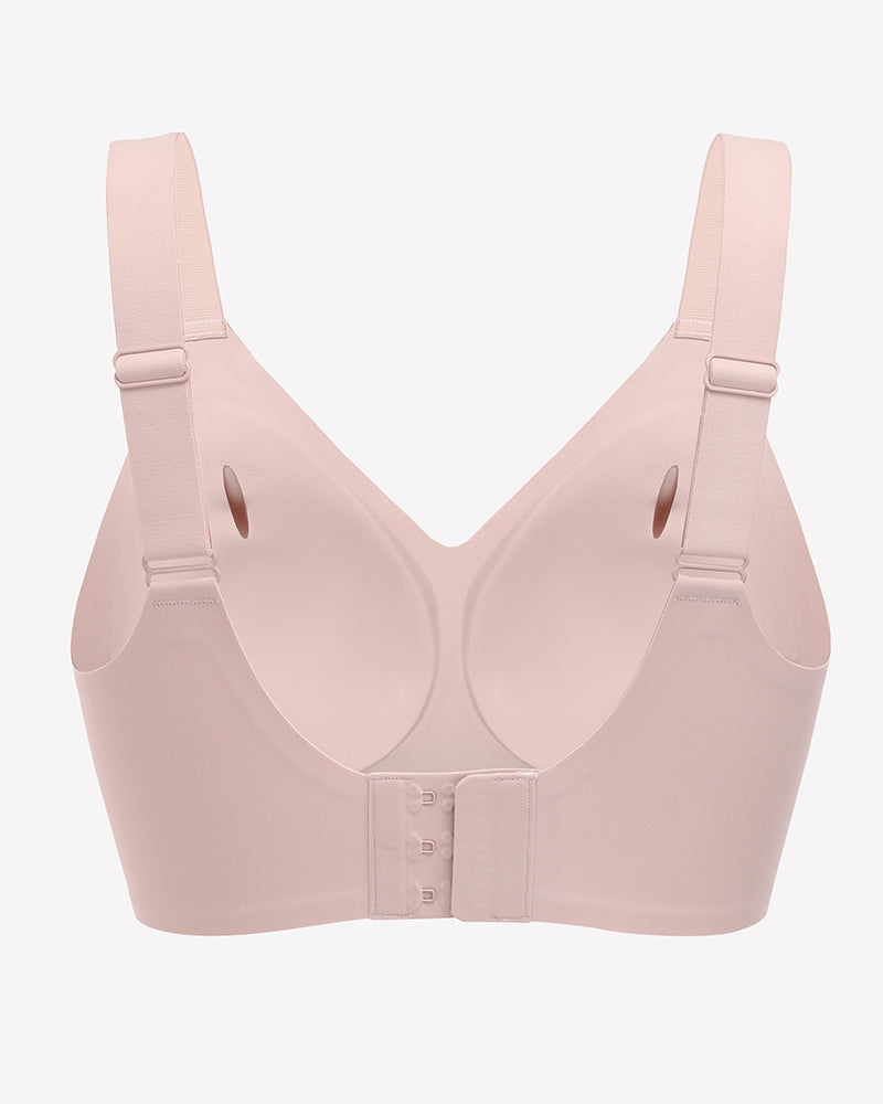 Light pink seamless push-up wireless bra, full coverage, wide straps, comfortable support, back view