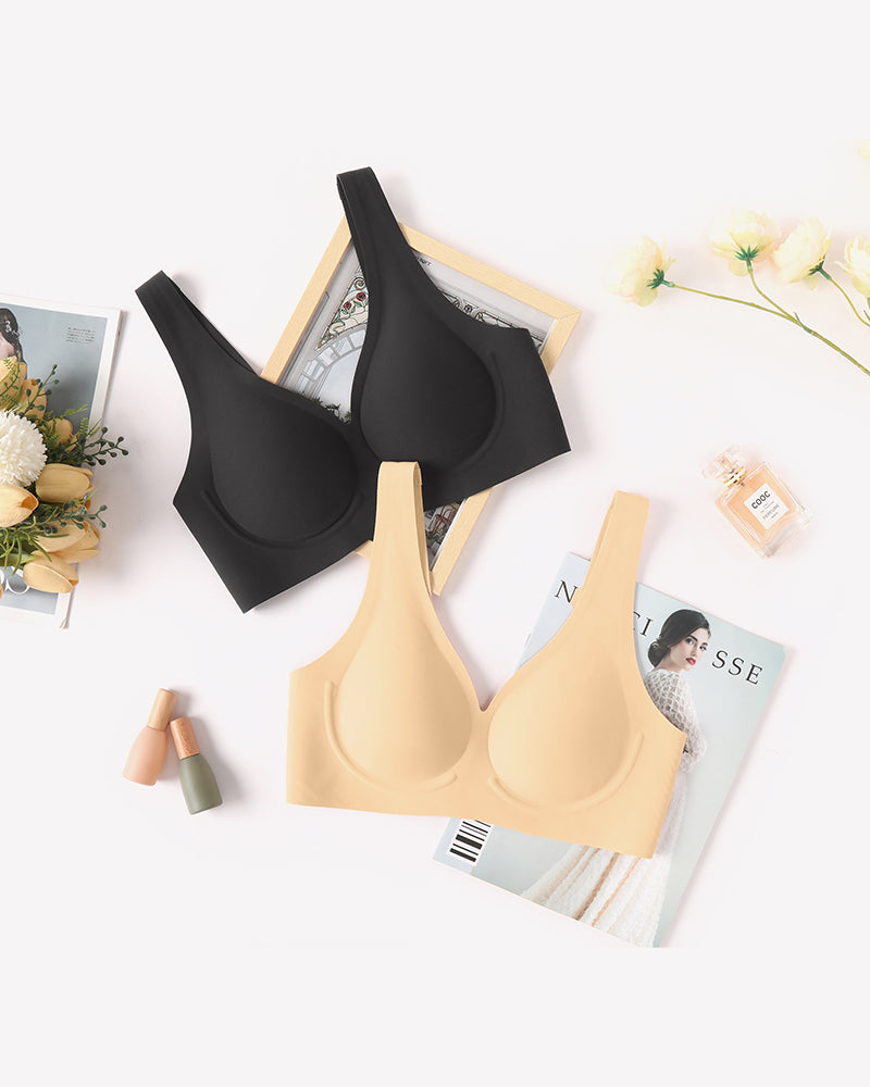 Seamless V-neck bra in black and beige, comfortable and breathable full coverage bras