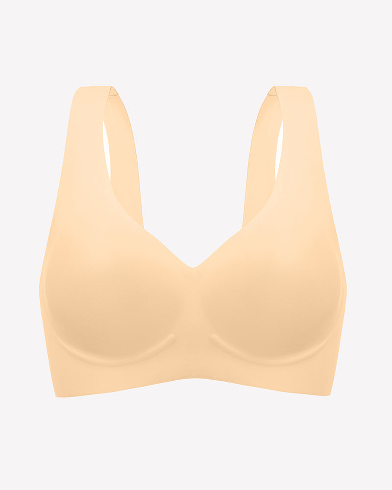 Seamless beige V-neck bra, comfortable and breathable full coverage bra for women