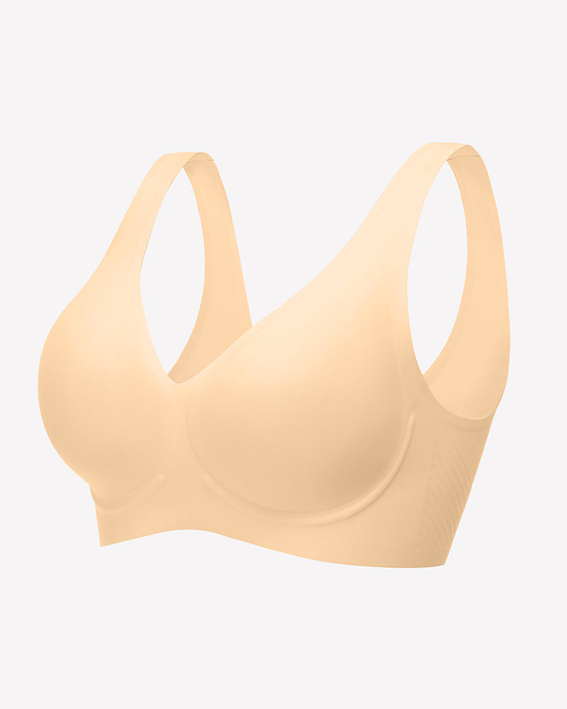 Beige seamless V-neck bralette, full coverage, comfortable and breathable lingerie