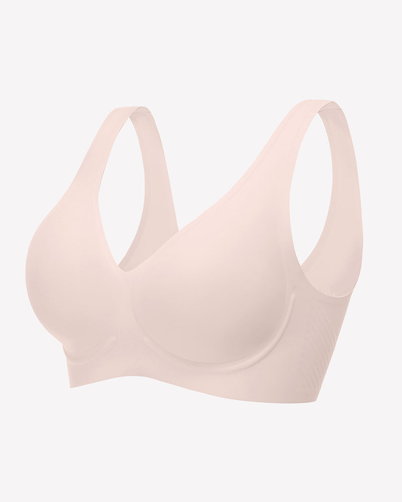 Seamless beige V-neck bra, full coverage, comfortable and breathable lingerie