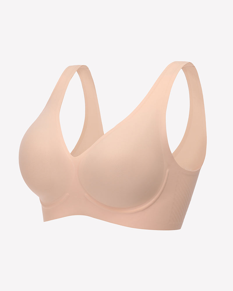 Seamless beige V-neck bra, full coverage, comfortable and breathable, perfect for everyday wear