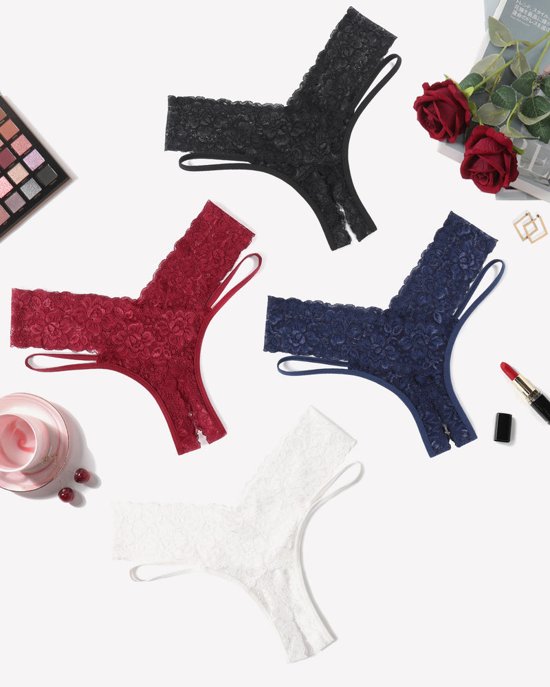 Avidlove Lace Cheeky Panties in various colors: black, burgundy, navy, and white, low-rise design