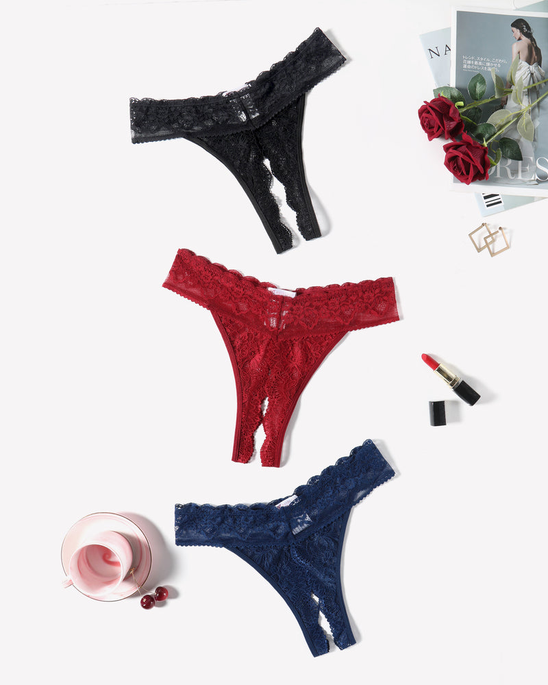 Low Rise T Back Hipster Thong in Black, Red, and Navy Blue Lace