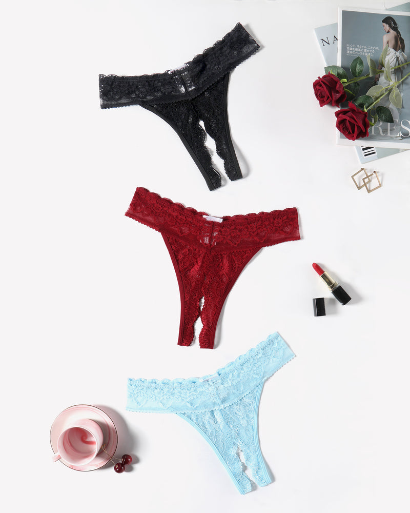 Low Rise T Back Hipster Thong in Black, Red, and Light Blue Lace