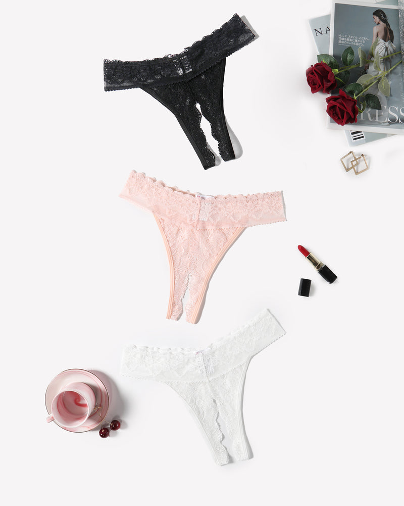 Low Rise T Back Hipster Thong in Black, Pink, and White Lace, perfect for many occasions