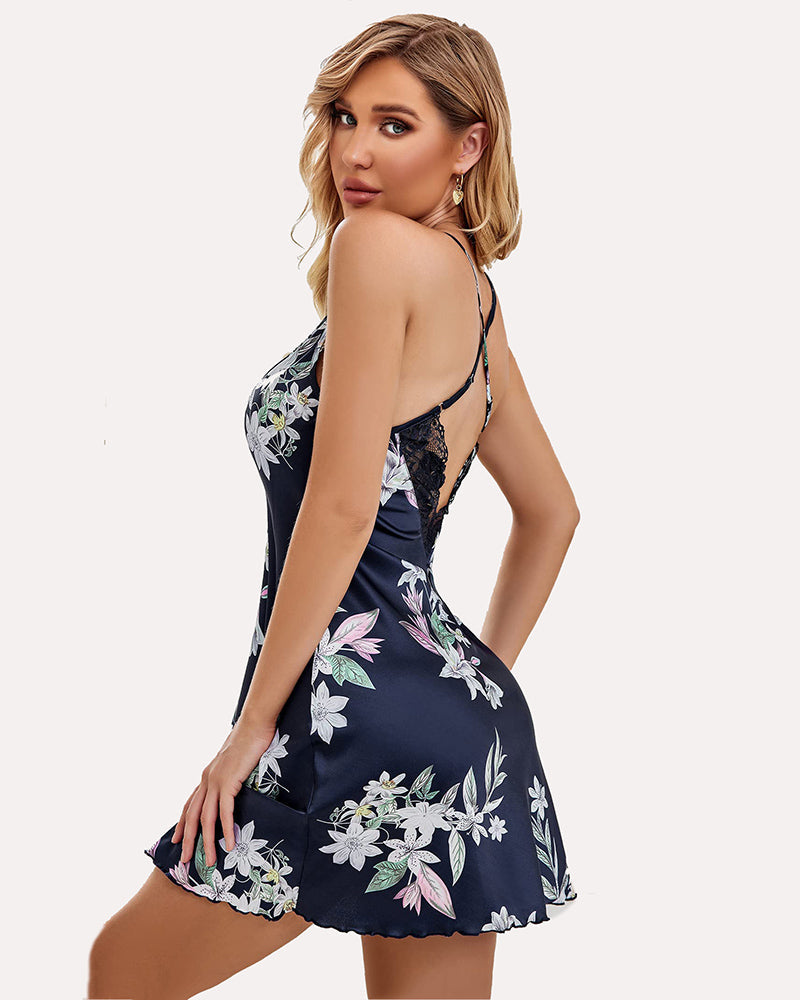 Navy blue floral satin babydoll nightgown with lace trim, sensual sleepwear