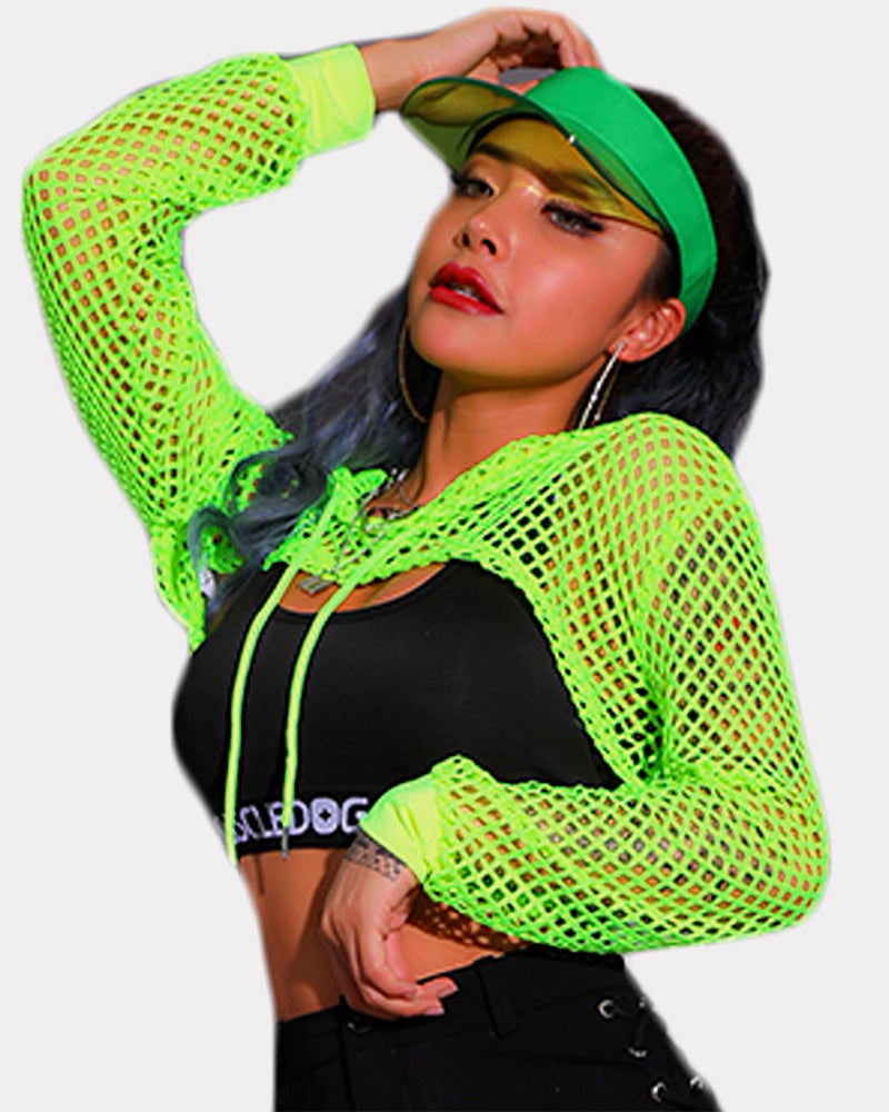 Neon green mesh hoodie crop top and black bra. Sexy and confident lingerie from Avidlove.