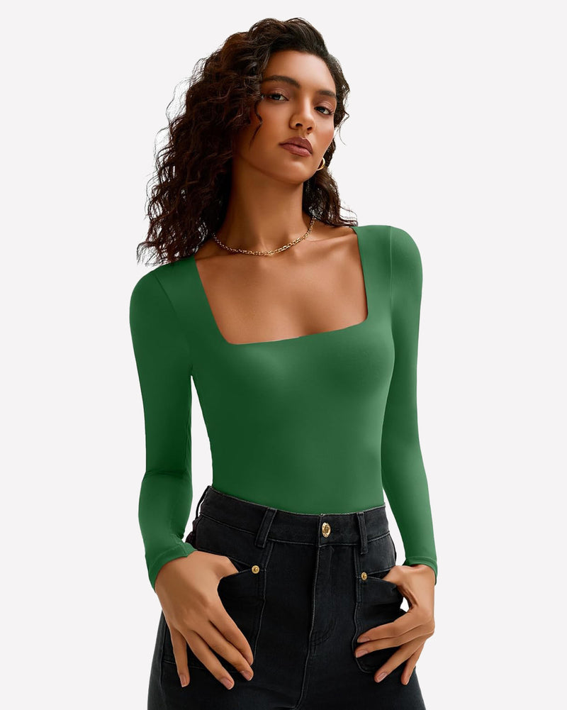 Green square neck long sleeve bodysuit. Ultra-stretchy, form-fitting design, perfect for bodyline.
