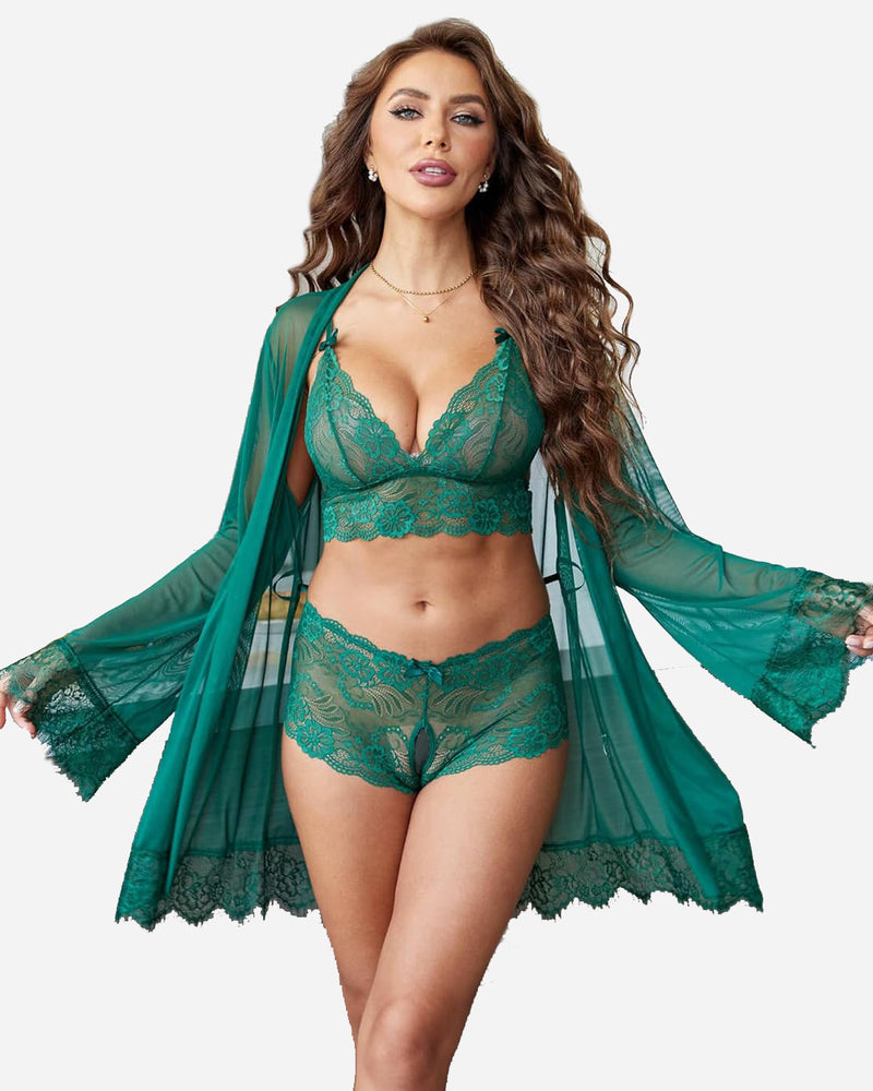 Avidlove Teal Green Lingerie Set: Lace robe, bra, and shorts; perfect sleepwear and nightwear.