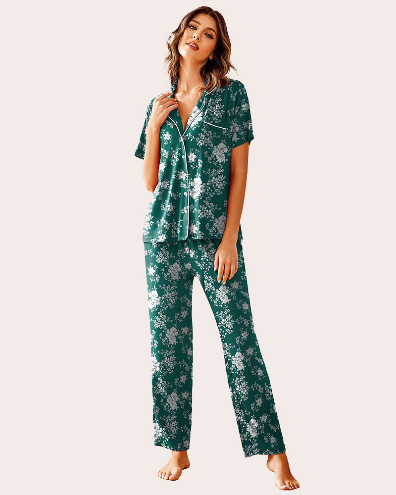 Green floral notch collar pajamas set. Soft, comfy women's sleepwear with white trim detail.