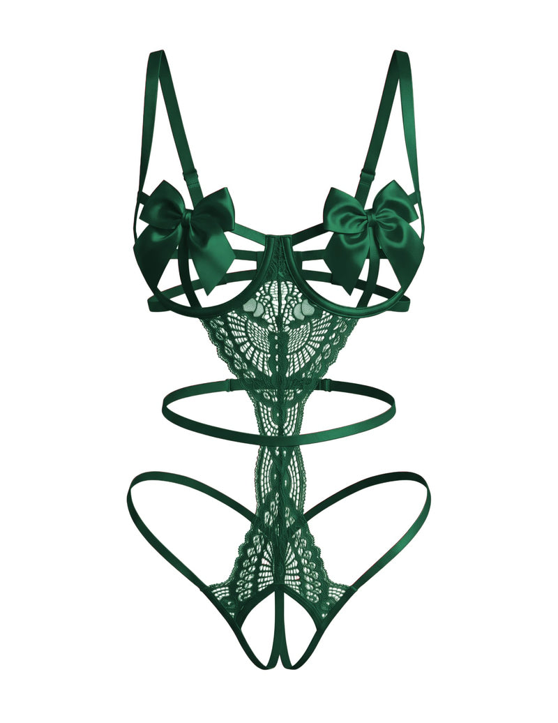 Green floral lace teddy with satin bow underwire cups and strappy cutouts