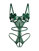 Green floral lace teddy with satin bow underwire cups and strappy cutouts