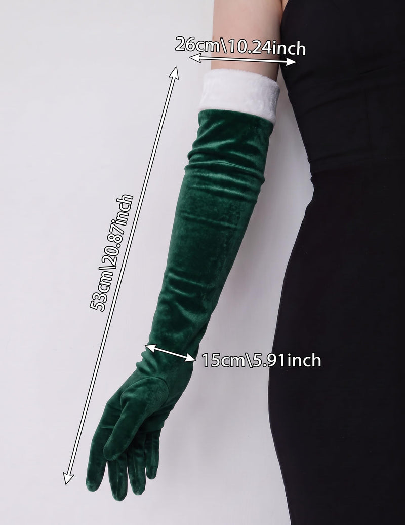 Long green velvet glove with white cuff and measurement labels