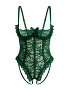 Green floral lace teddy bodysuit with matching ruffle trim and a bow.