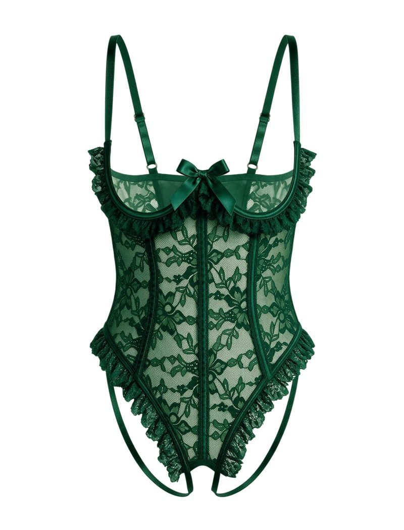 Green floral lace teddy bodysuit with matching ruffle trim and a bow.