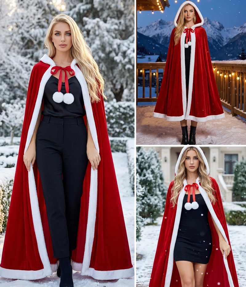 Red hooded velvet Christmas cape with white trim, bow tie and pom-poms
