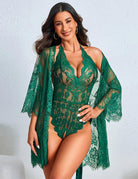 Green lace teddy bodysuit and matching sheer robe