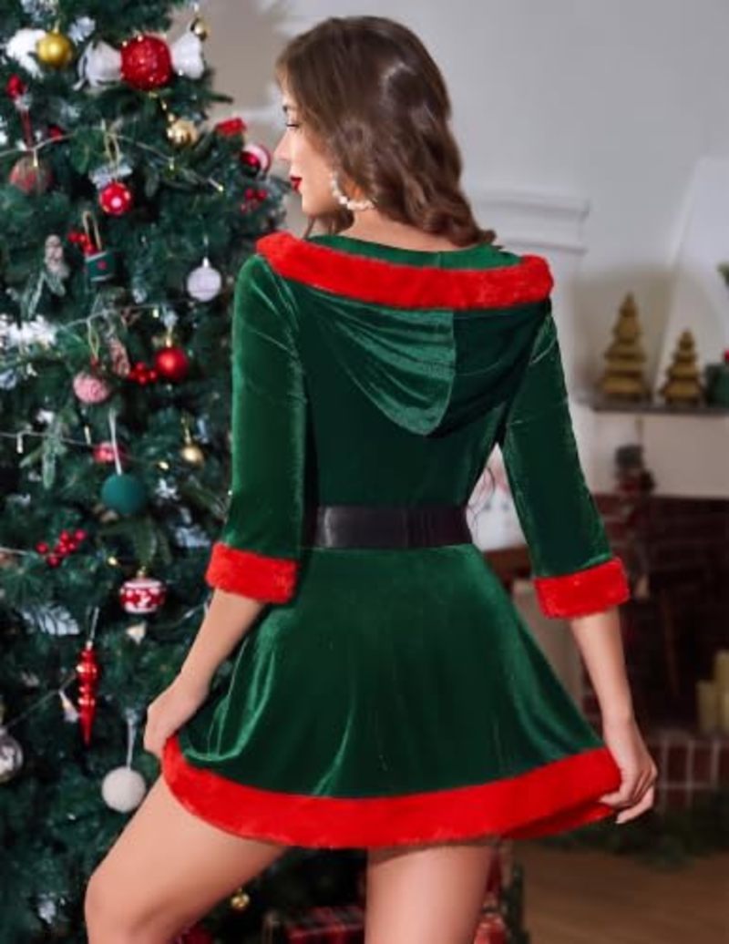 Green velvet mini dress with red trim, hood, and black belt, shown from the back