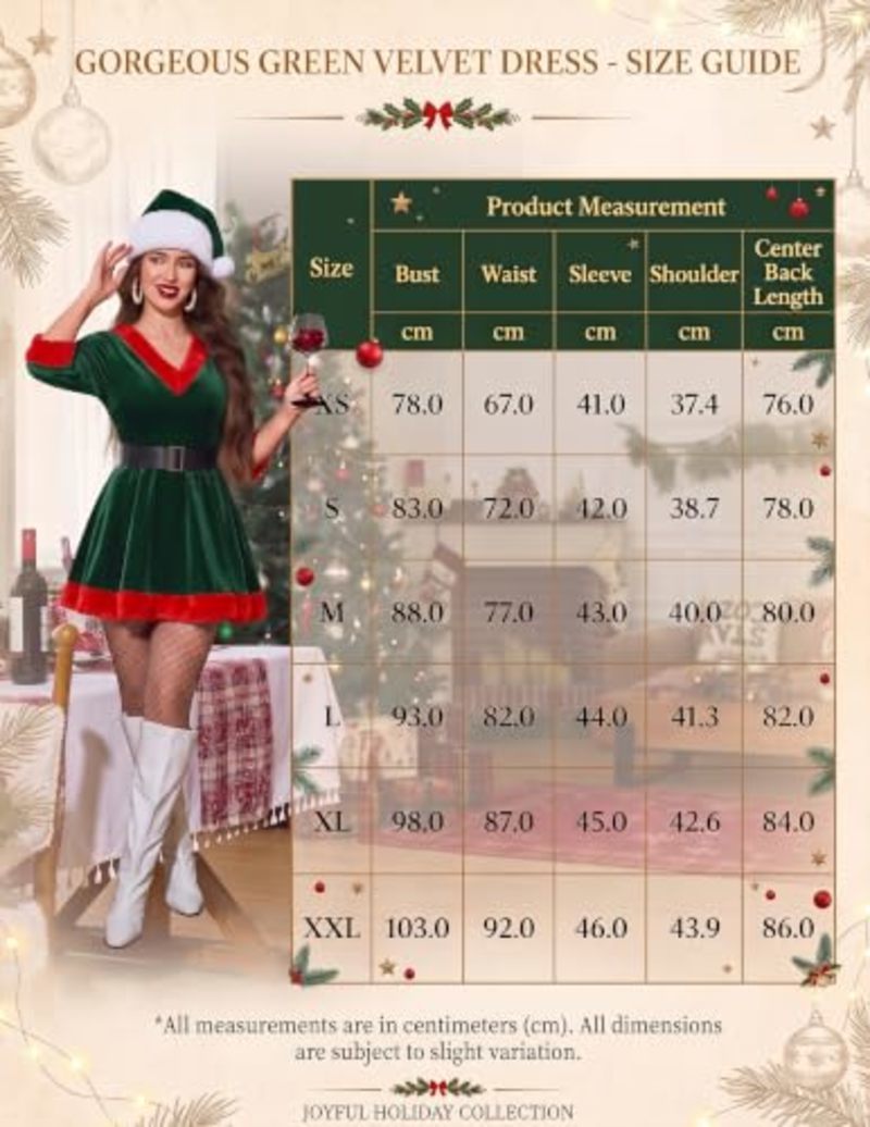 Green velvet Mrs. Claus mini dress with red trim, V-neck, hood, and black belt