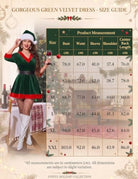 Green velvet Mrs. Claus mini dress with red trim, V-neck, hood, and black belt