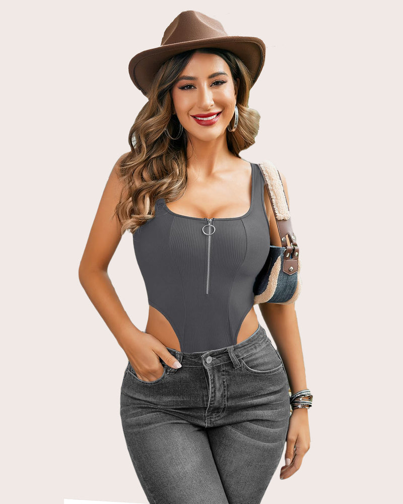 Charcoal ribbed bodysuit with square neck and zip-up design. Sexy women's tank top for streetwear.