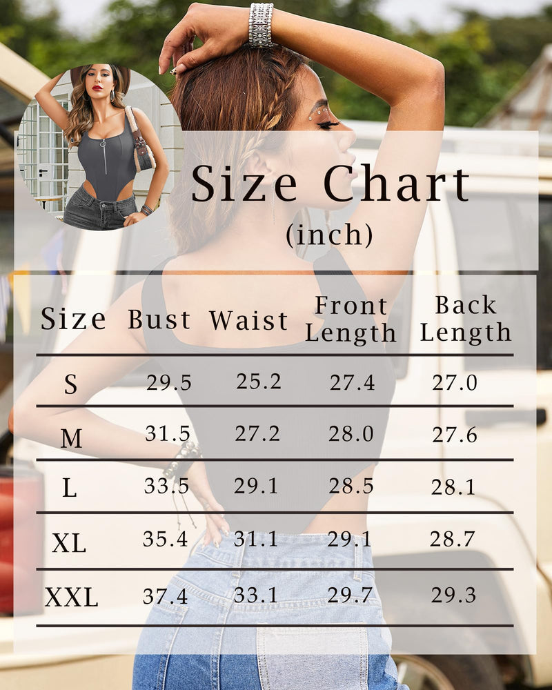 Size chart for high-cut zip-up tank top bodysuit, bust, waist, and length measurements.