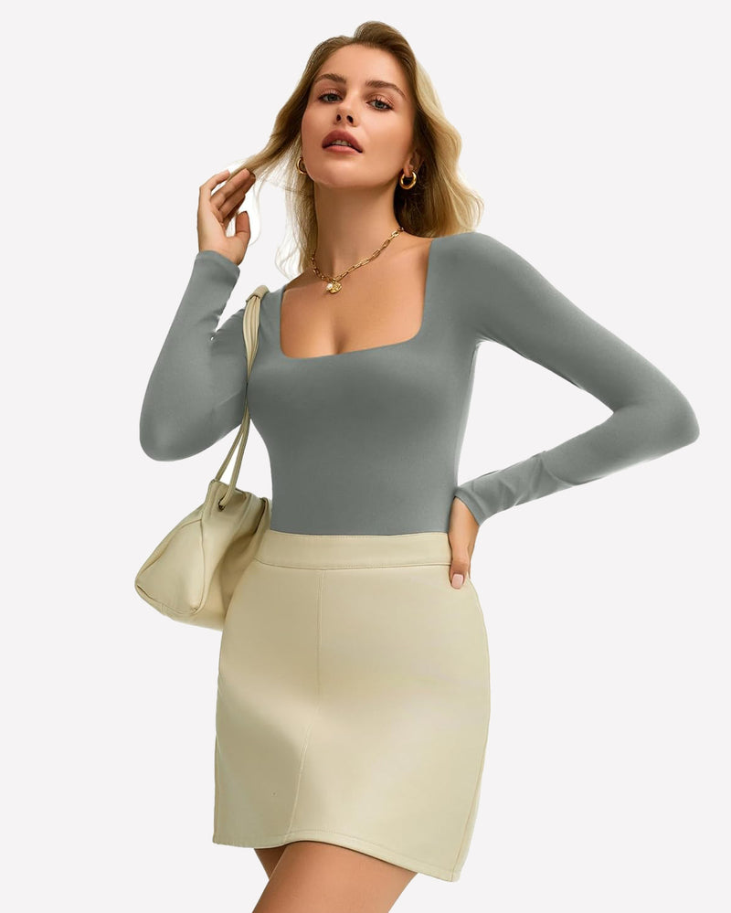 Grey square neck long sleeve bodysuit, ultra-stretchy design, shows bodyline.