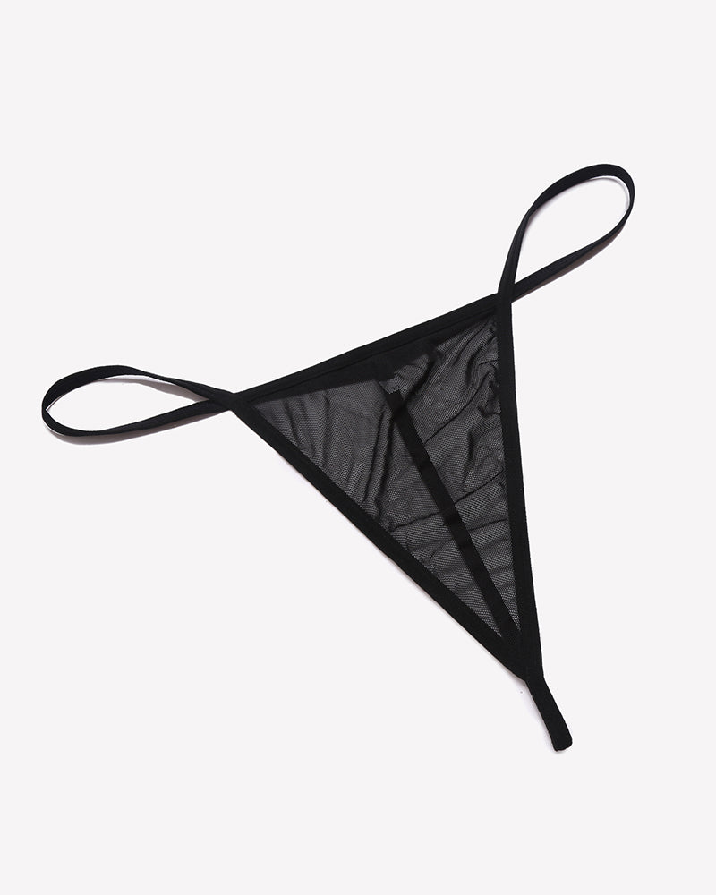 Black mesh thong lingerie, perfect for sensual wear, featuring a minimalist design with thin straps.