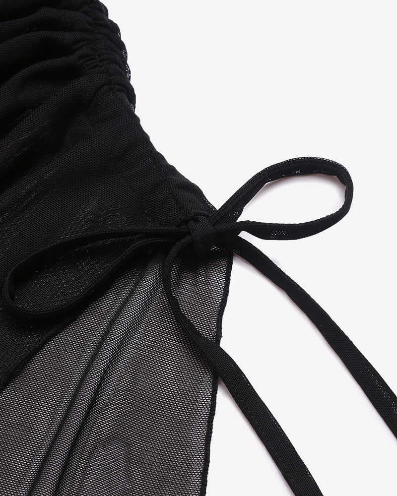Black mesh mini dress drawstring detail, perfect for evening party, featuring side slit design