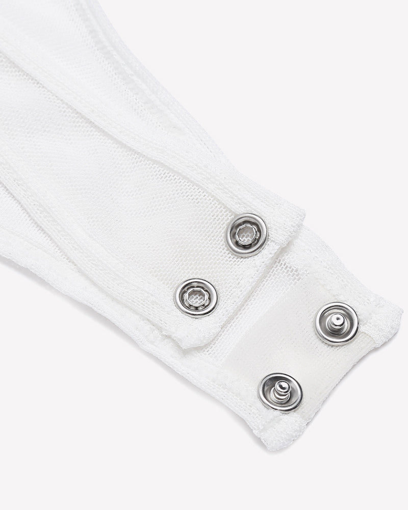 White mesh bodysuit snap closure detail, sleeveless, ruched, clubwear