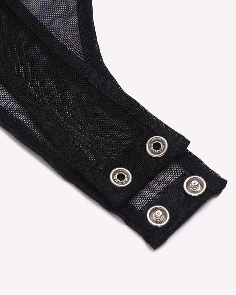 Black mesh bodysuit snap closure detail, clubwear