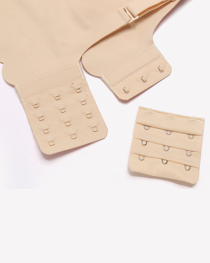 Beige seamless V-neck bra with adjustable straps, hook-and-eye closures, and extension buckle