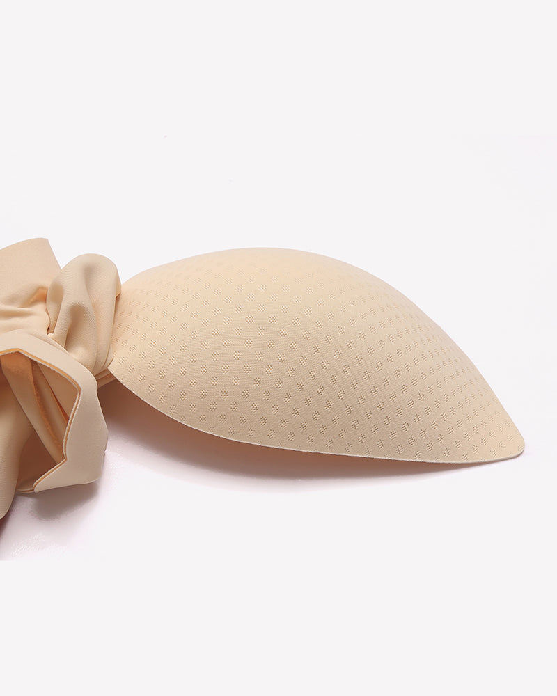 Beige seamless V-neck bra cup detail, full coverage, breathable fabric, removable padding