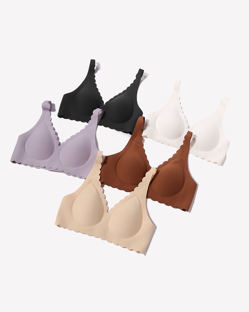 Multi-color seamless V-neck bras with scalloped edges and full coverage for ultimate comfort.