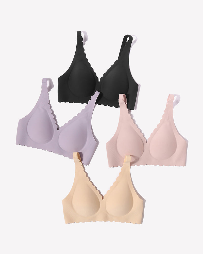 Multi-color seamless V-neck bras with scalloped edges and full coverage.