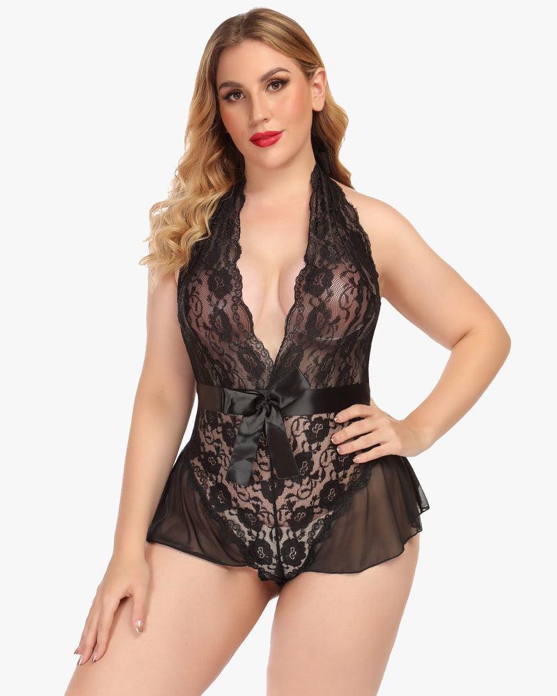 Black lace halter bodysuit with deep V-neck, satin bow, and mesh flutter trim, sexy lingerie.