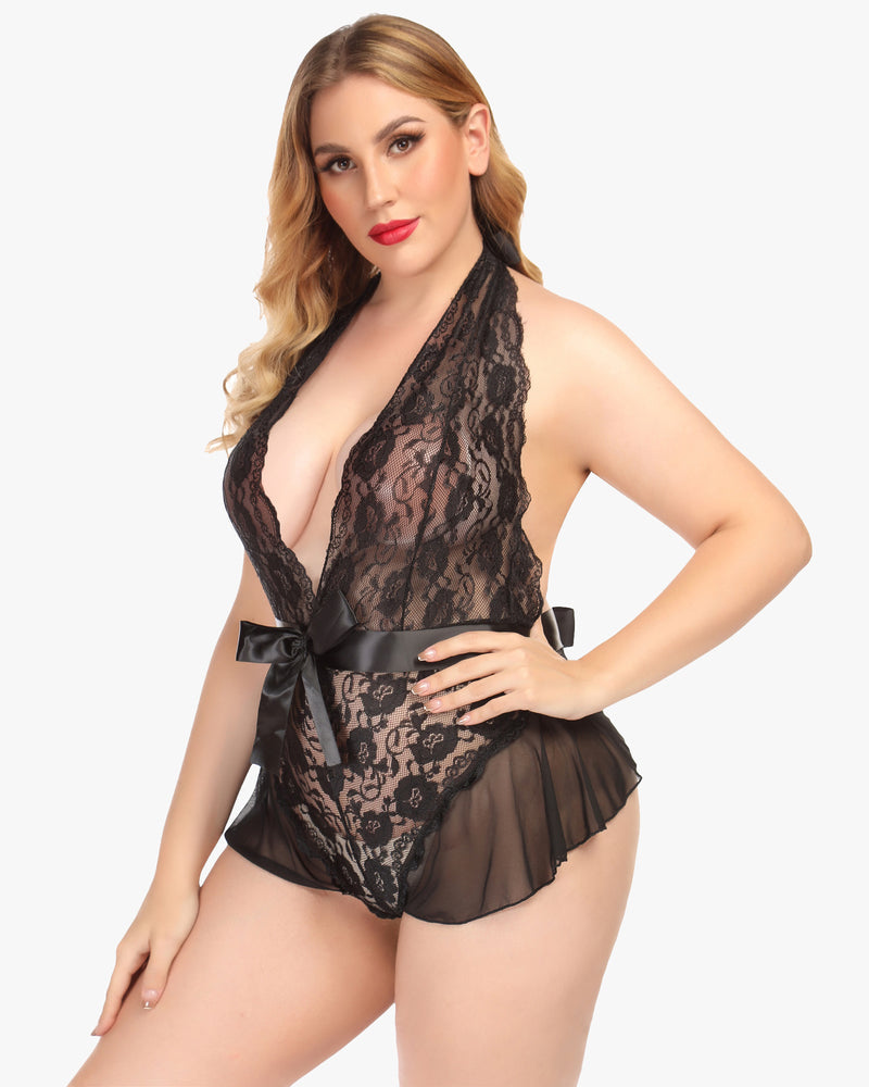 Black lace teddy bodysuit, halter V-neck with satin bow; sensual lingerie for women, mesh trim.