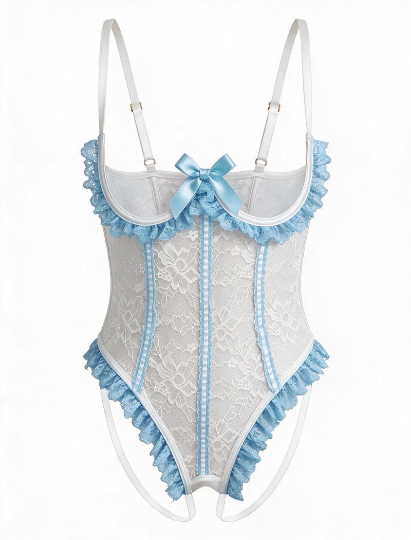 White floral lace teddy bodysuit with ice-blue ruffle trim and a matching bow.