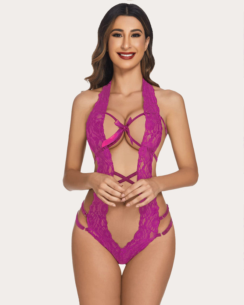 Purple lace deep V halter teddy lingerie with bow and backless design. Sensual lingerie for women.