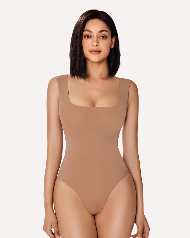 Square neck shapewear bodysuit in light brown, form-fitting and smooth bodyline