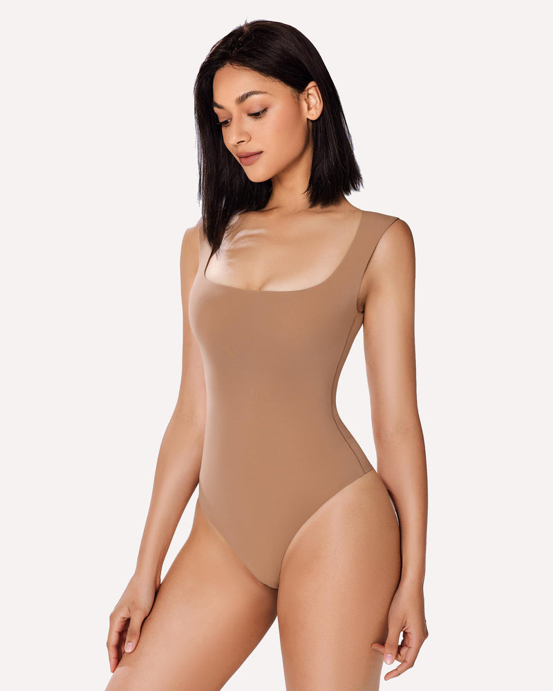 Avidlove Tan Square Neck Bodysuit Shapewear - Shows bodyline, shaping design, perfect for everyday