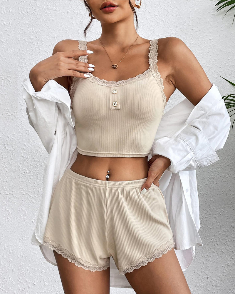 Beige ribbed lace trim pajama set: Cami top and shorts with button details, perfect sleepwear.